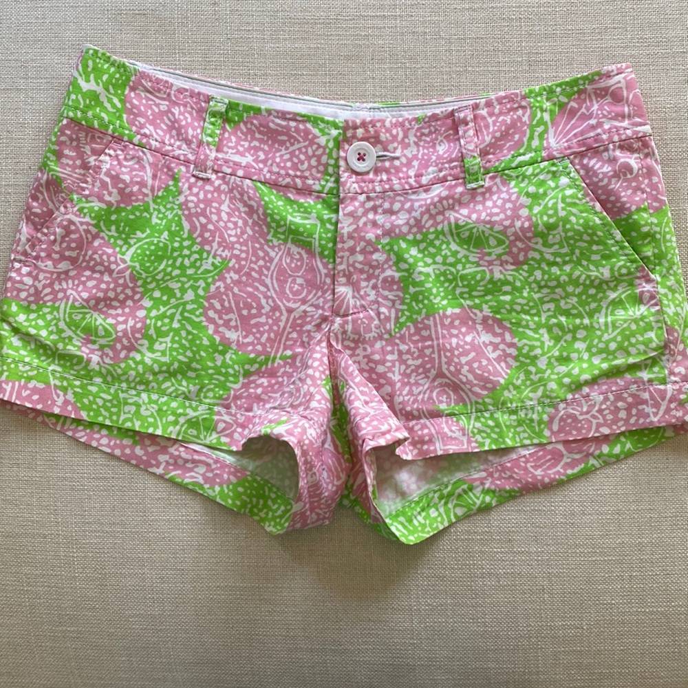 Lily Pulitzer Walsh shorts in pink, green, and white pattern.  Size 0.
